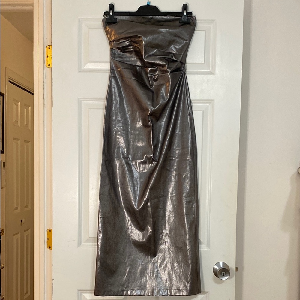 Zara Metallic Silver strapless dress